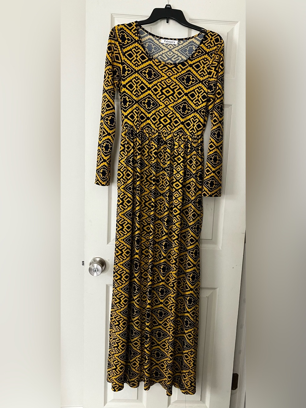 Kabayare Yellow and Black Geometric Long Sleeve Maxi Dress, Size S